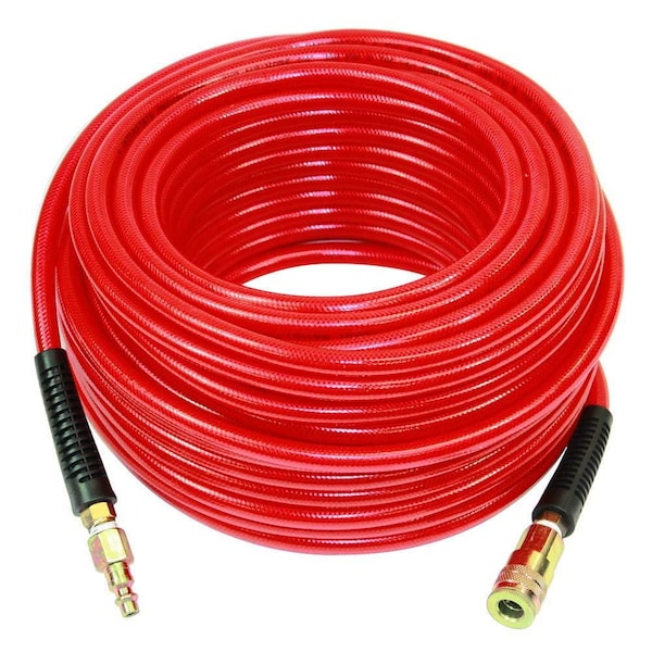 Interstate Pneumatics Red PVC Hose 1/4 Inch 100 feet 300 PSI 4:1 Safety Factor w/ 1/4 Inch Steel Industrial Coupler/Plug HA04-100H44 - main